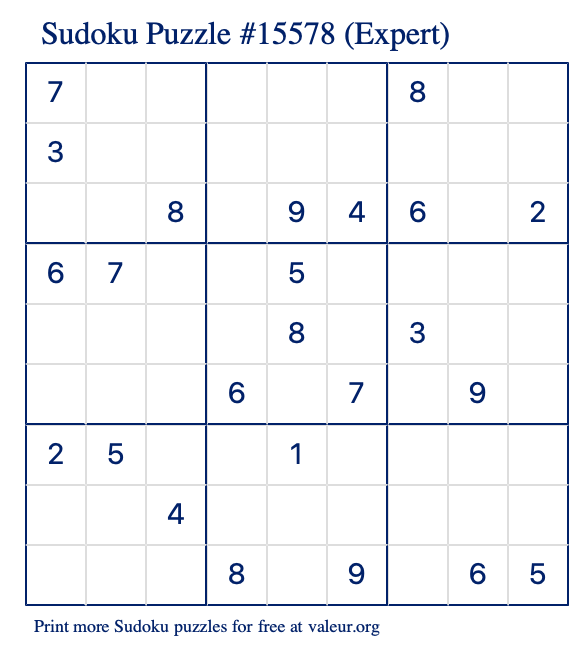 Free Printable Expert Sudoku Puzzle number 15578
