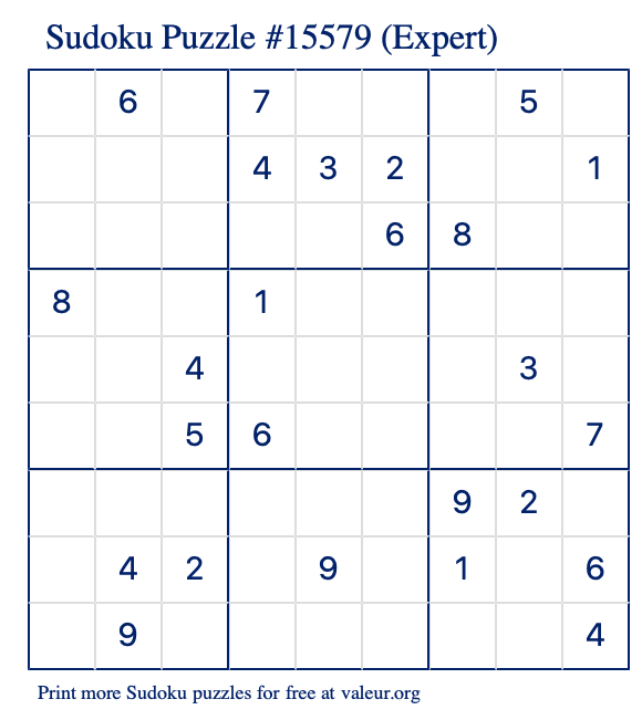 Free Printable Expert Sudoku Puzzle number 15579