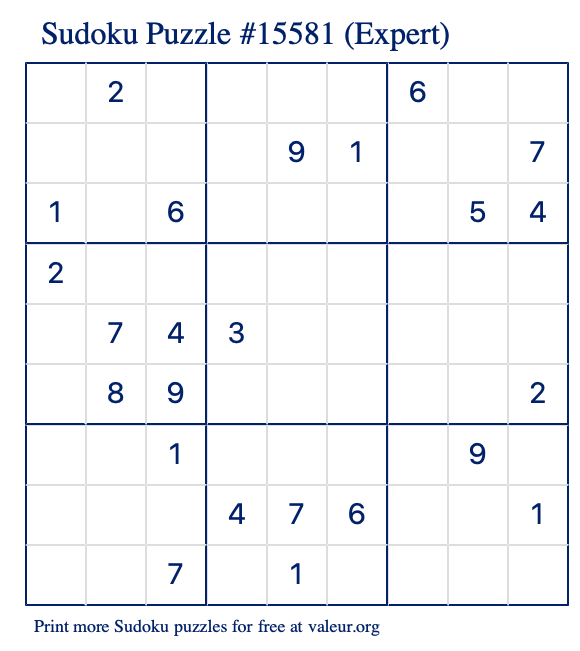 Free Printable Expert Sudoku Puzzle number 15581