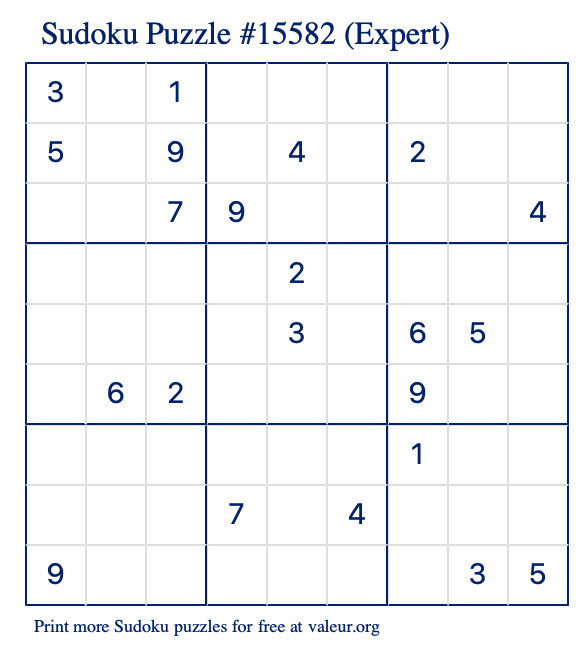 Free Printable Expert Sudoku Puzzle number 15582