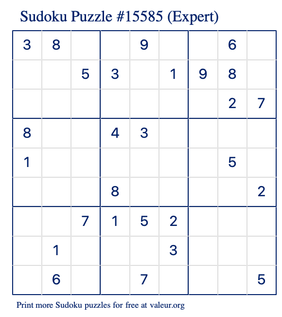 Free Printable Expert Sudoku Puzzle number 15585