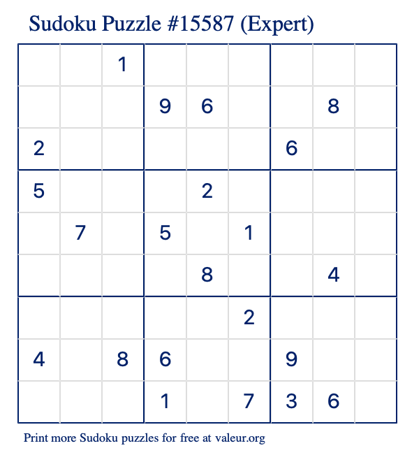 Free Printable Expert Sudoku Puzzle number 15587