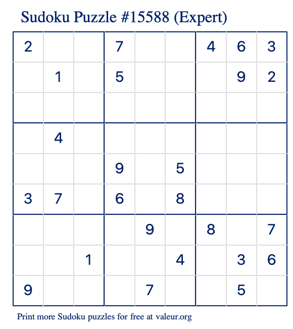 Free Printable Expert Sudoku Puzzle number 15588