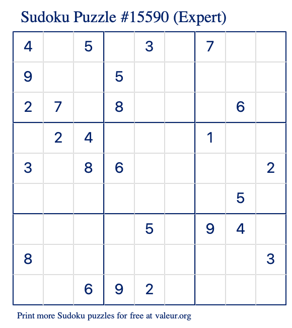 Free Printable Expert Sudoku Puzzle number 15590