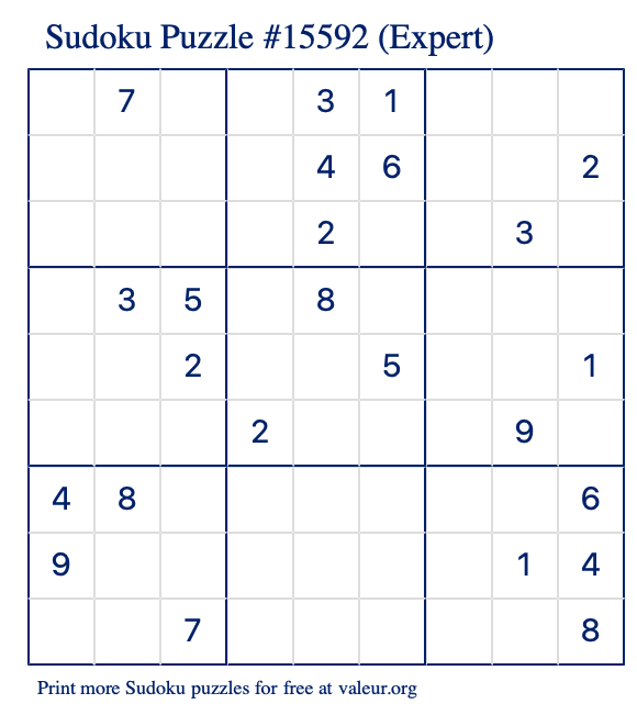 Free Printable Expert Sudoku Puzzle number 15592