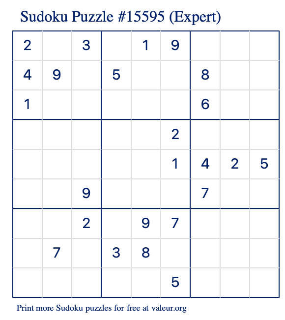 Free Printable Expert Sudoku Puzzle number 15595