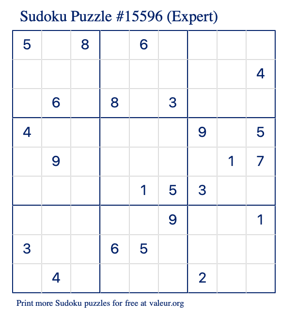 Free Printable Expert Sudoku Puzzle number 15596