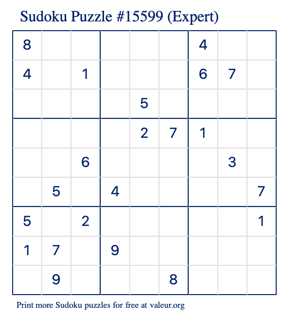 Free Printable Expert Sudoku Puzzle number 15599