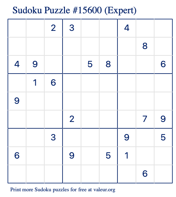 Free Printable Expert Sudoku Puzzle number 15600