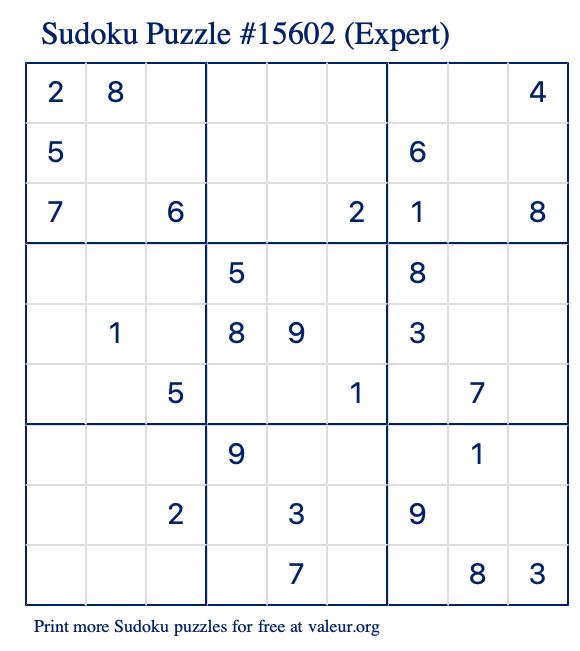 Free Printable Expert Sudoku Puzzle number 15602