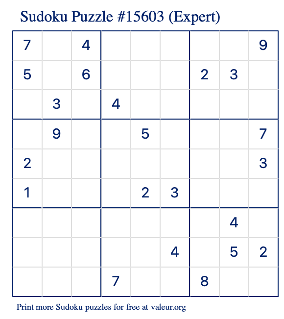 Free Printable Expert Sudoku Puzzle number 15603