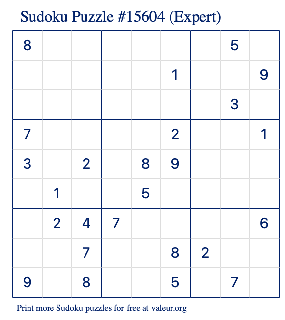 Free Printable Expert Sudoku Puzzle number 15604