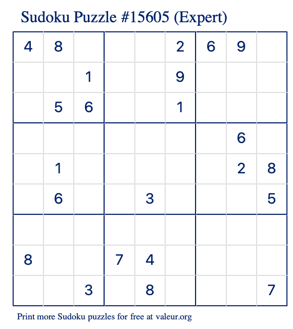Free Printable Expert Sudoku Puzzle number 15605