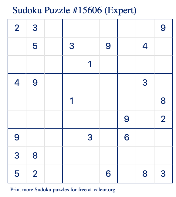 Free Printable Expert Sudoku Puzzle number 15606
