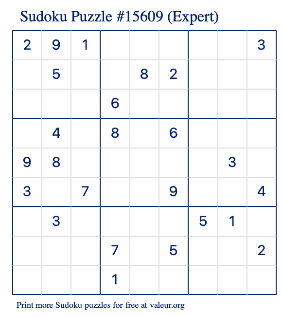 Free Printable Expert Sudoku Puzzle number 15609