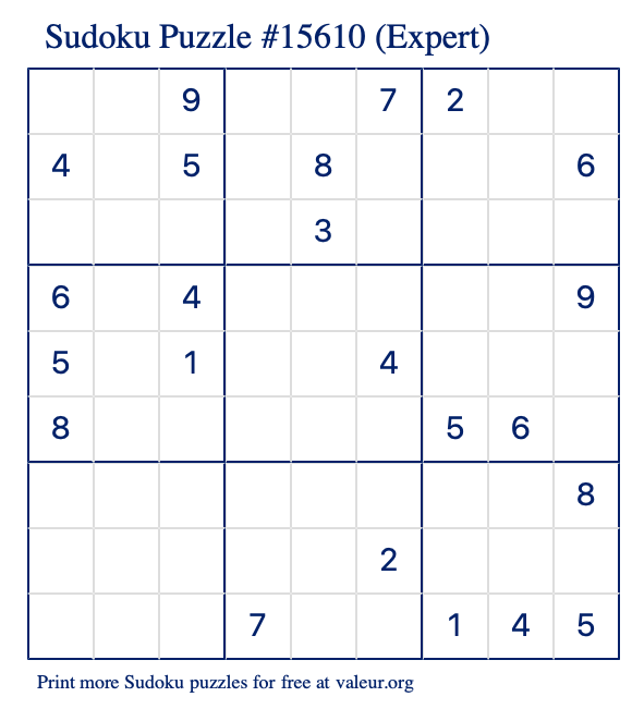 Free Printable Expert Sudoku Puzzle number 15610