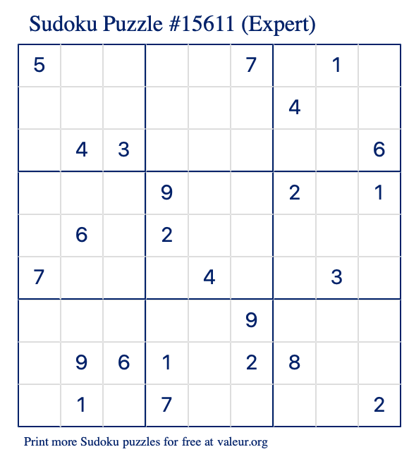 Free Printable Expert Sudoku Puzzle number 15611