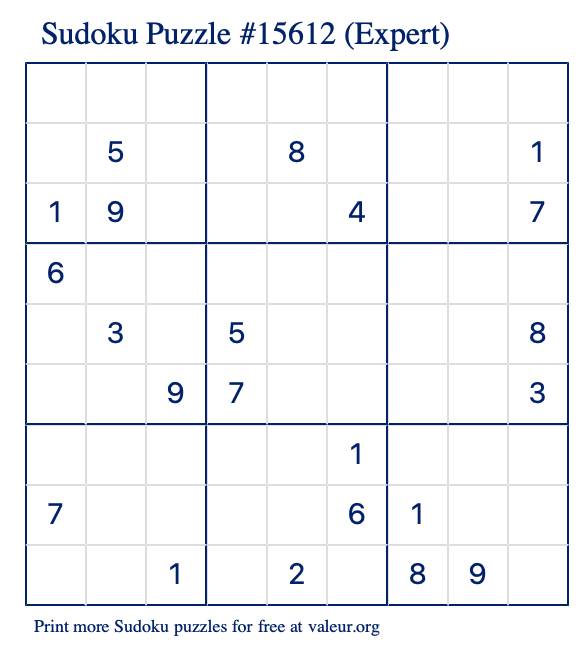 Free Printable Expert Sudoku Puzzle number 15612
