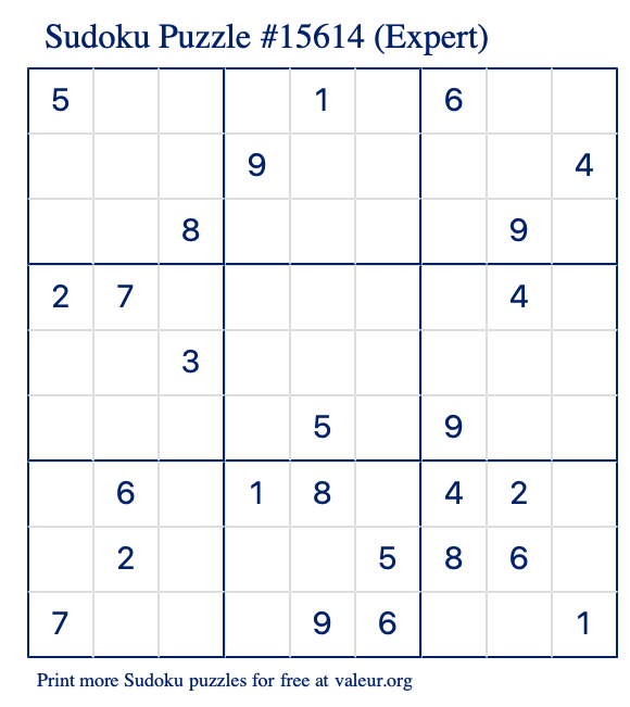 Free Printable Expert Sudoku Puzzle number 15614