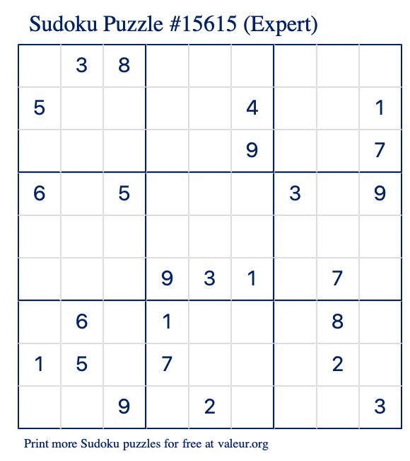 Free Printable Expert Sudoku Puzzle number 15615