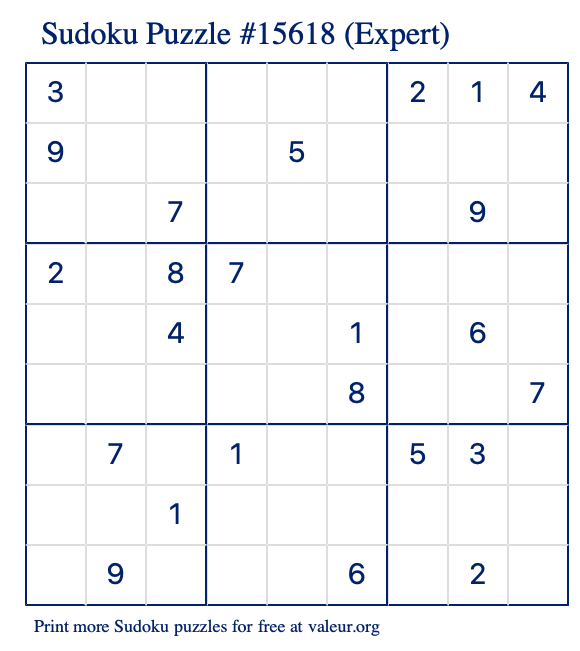 Free Printable Expert Sudoku Puzzle number 15618
