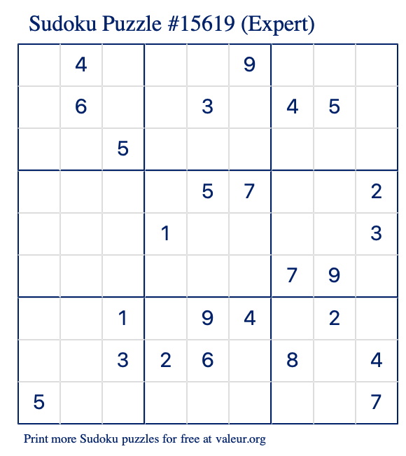 Free Printable Expert Sudoku Puzzle number 15619