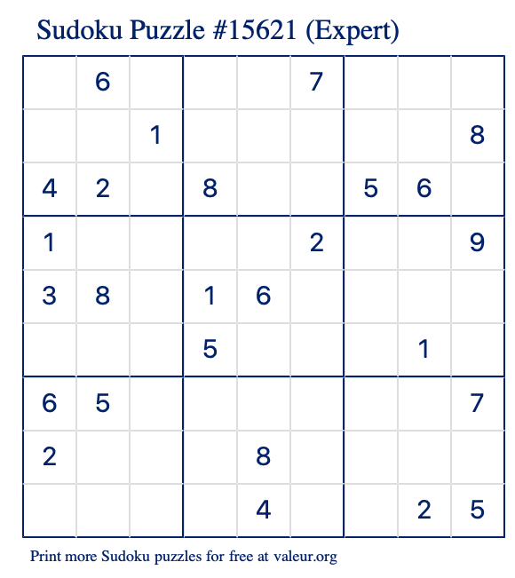 Free Printable Expert Sudoku Puzzle number 15621