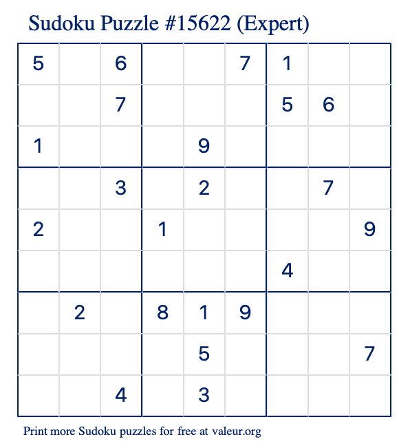 Free Printable Expert Sudoku Puzzle number 15622