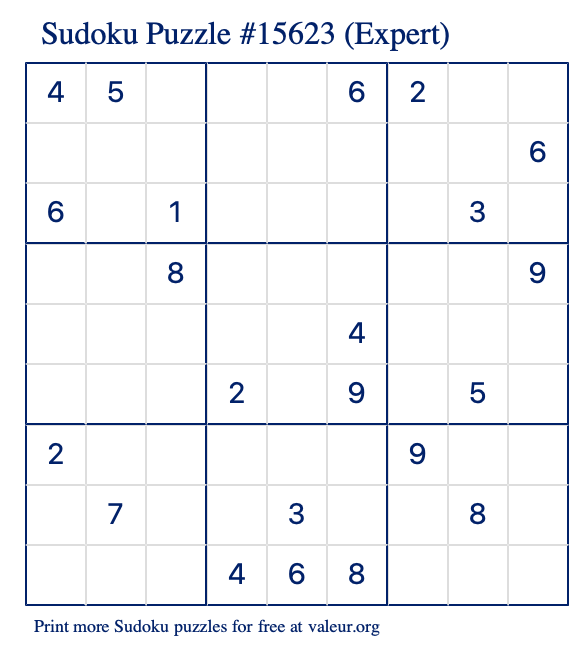 Free Printable Expert Sudoku Puzzle number 15623