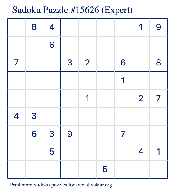 Free Printable Expert Sudoku Puzzle number 15626