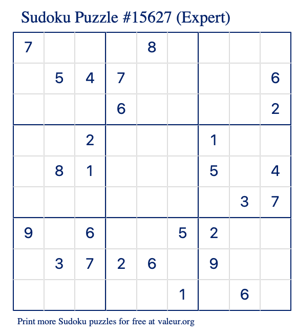 Free Printable Expert Sudoku Puzzle number 15627