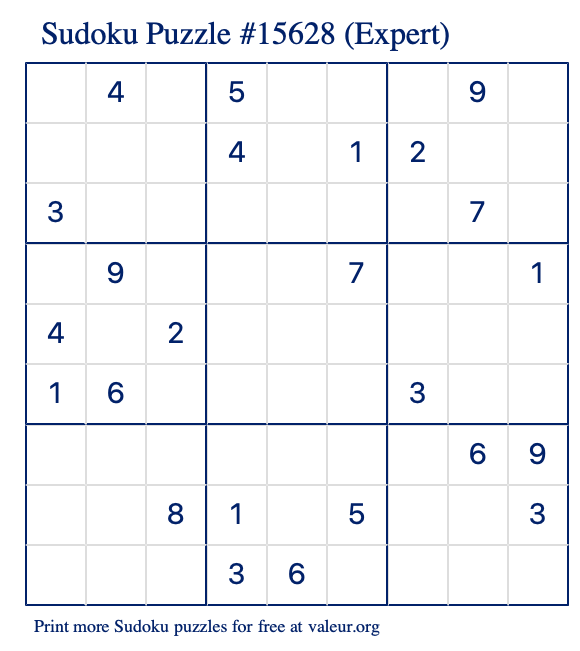 Free Printable Expert Sudoku Puzzle number 15628