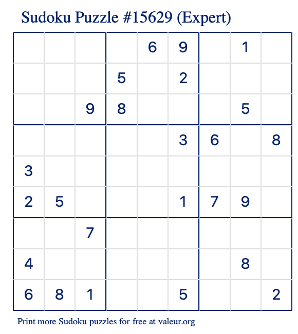 Free Printable Expert Sudoku Puzzle number 15629