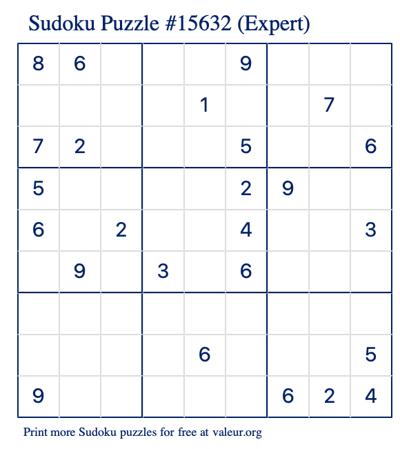 Free Printable Expert Sudoku Puzzle number 15632