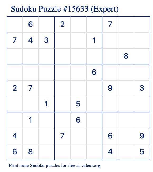 Free Printable Expert Sudoku Puzzle number 15633