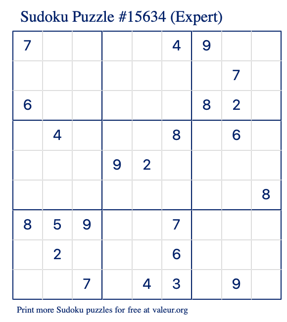 Free Printable Expert Sudoku Puzzle number 15634