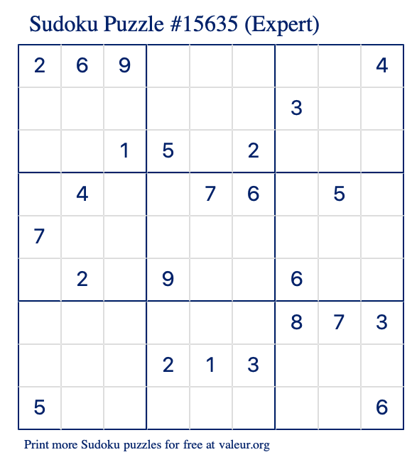 Free Printable Expert Sudoku Puzzle number 15635