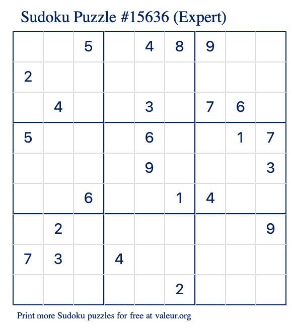Free Printable Expert Sudoku Puzzle number 15636