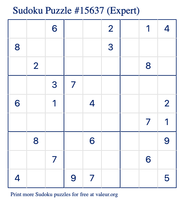 Free Printable Expert Sudoku Puzzle number 15637