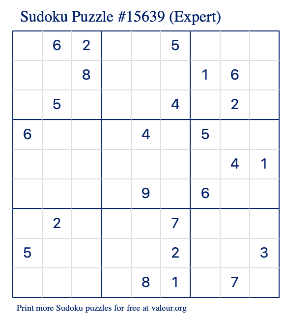 Free Printable Expert Sudoku Puzzle number 15639
