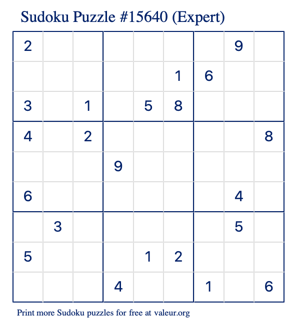 Free Printable Expert Sudoku Puzzle number 15640