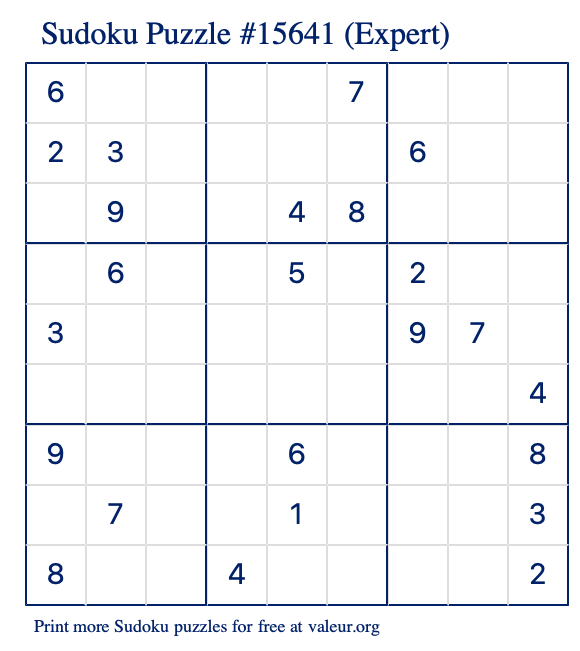 Free Printable Expert Sudoku Puzzle number 15641