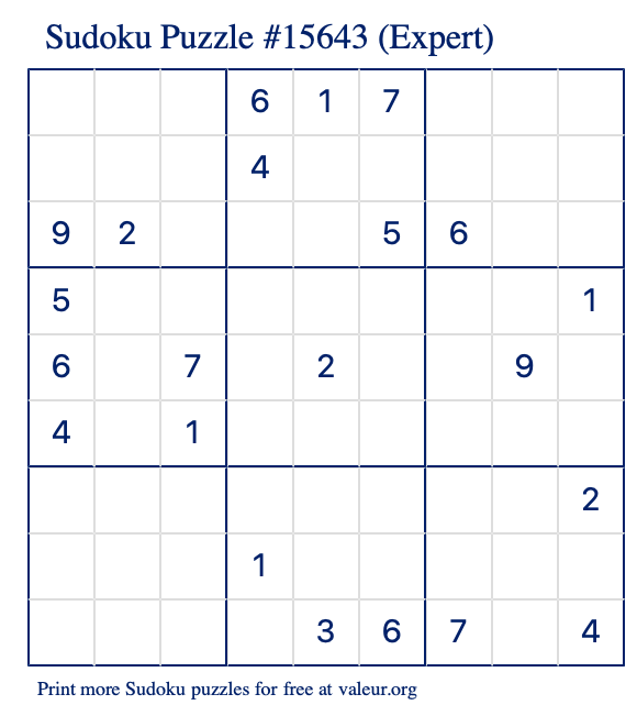 Free Printable Expert Sudoku Puzzle number 15643