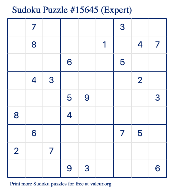 Free Printable Expert Sudoku Puzzle number 15645