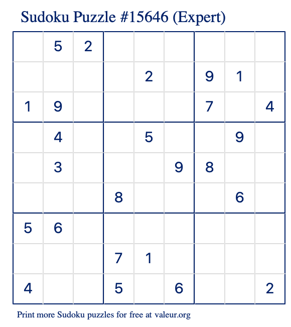 Free Printable Expert Sudoku Puzzle number 15646