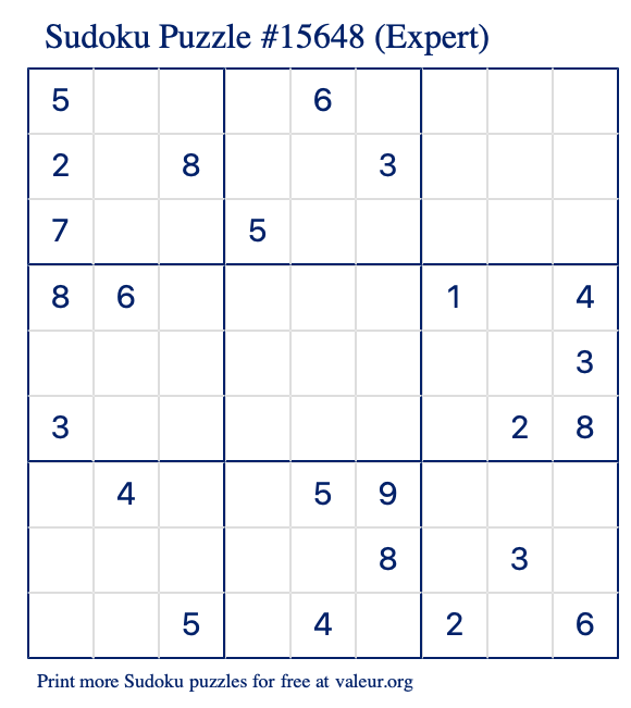 Free Printable Expert Sudoku Puzzle number 15648