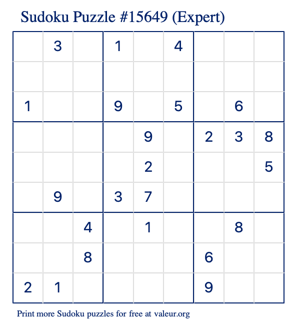 Free Printable Expert Sudoku Puzzle number 15649