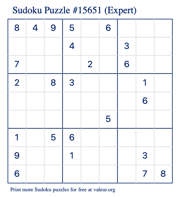 Free Printable Expert Sudoku Puzzle number 15651