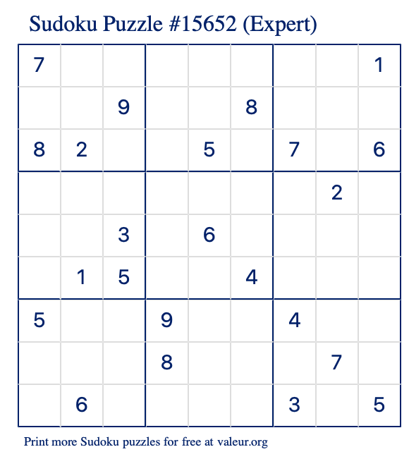 Free Printable Expert Sudoku Puzzle number 15652