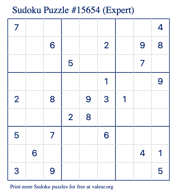 Free Printable Expert Sudoku Puzzle number 15654